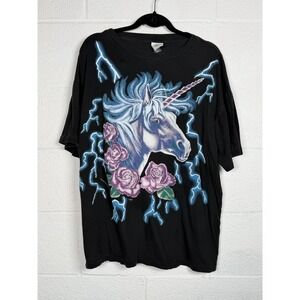 Vintage American Thunder Unicorn Tee XL Lightning Roses Fantasy 90s Y2K Goth